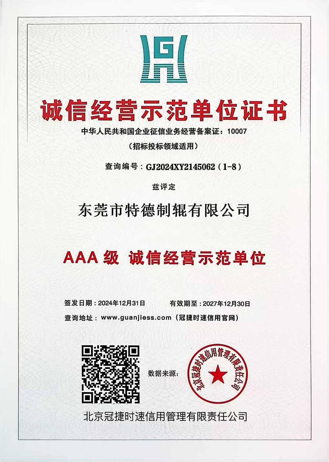 诚信经营示范单位证书