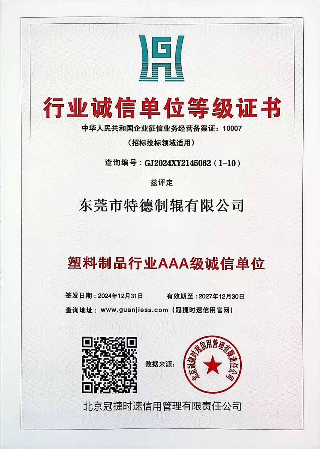 行业诚信单位等级证书